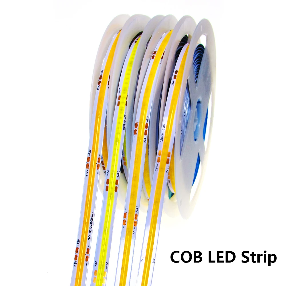 DC 12V 24V LED Strip Light High Density Flexible FOB Bar RA90 Warm Nature Cool White Blue Green Red Soft COB Led Strip Lighting