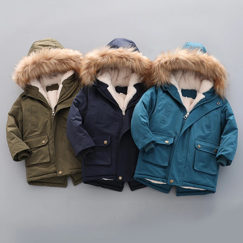 2 3 4 5 6 7 Year Winter Boys Jacket Windbreaker Keep Warm Thicken Fur Collar Girls Coat Hooded Children\'s Outerwear Kids Clothes