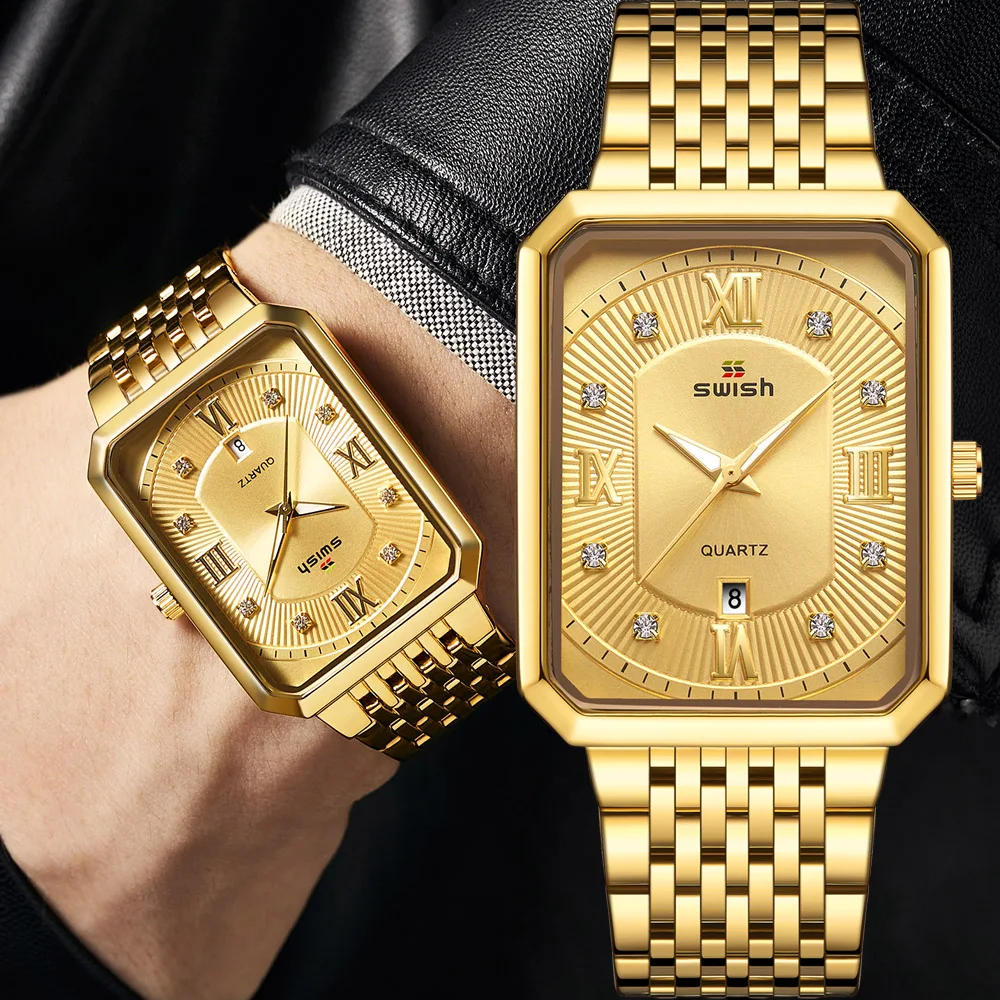 Luxe Gouden Horloges Mannen Top Merk Designer Quartz Horloges Creatieve Rechthoek Diamanten Horloge Waterdicht Relogio Masculino