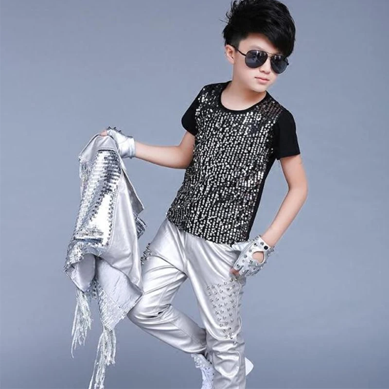 Jazz Costumes Children Silver Sequined Tassel Coat Boys Rock Drum Show Set Hip Hop Stage Outfit Street Dancewear Kids DNV11852