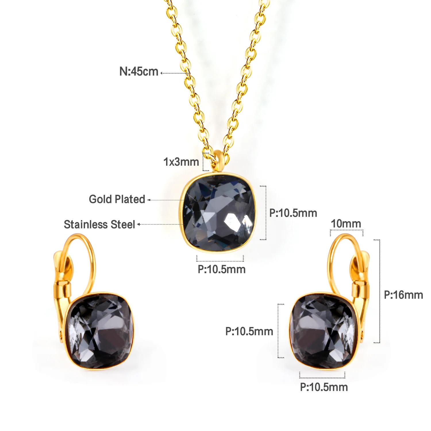 Square Multiple Color Crystal Pendant Necklace & Earrings Set