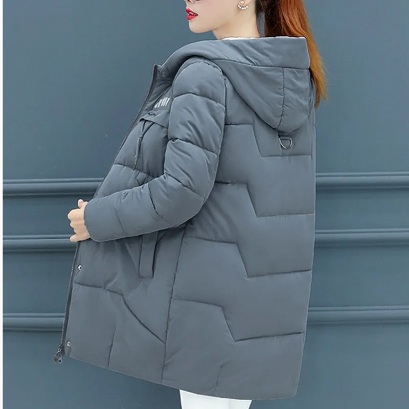 Winter Cotton Women\'s Down Jacket Hooded Long Sleeve Cardigan Zipper Plus Size Loose Solid Thick Fashion Office Lady Down Jacket