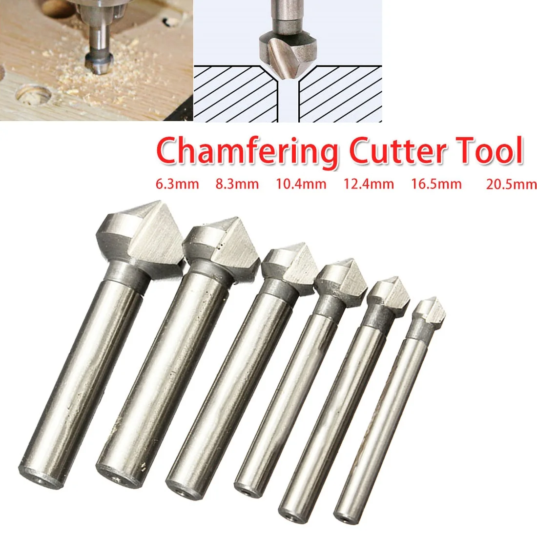 Broca avellanadora de 90 grados, cortador de chaflán de acero y madera HSS de mango redondo, 3 ranuras, 6,3-20,5mm, para acero al carbono/PVC, 1 ud.