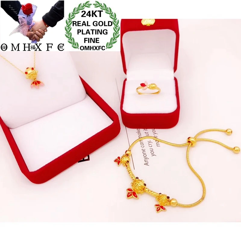 OMHXFC Wholesale YM263 Fashion Fine Woman Party Birthday Wedding Gift Goldfish 24KT Gold Ring Necklace+Ring+Bracelet Jewelry Set