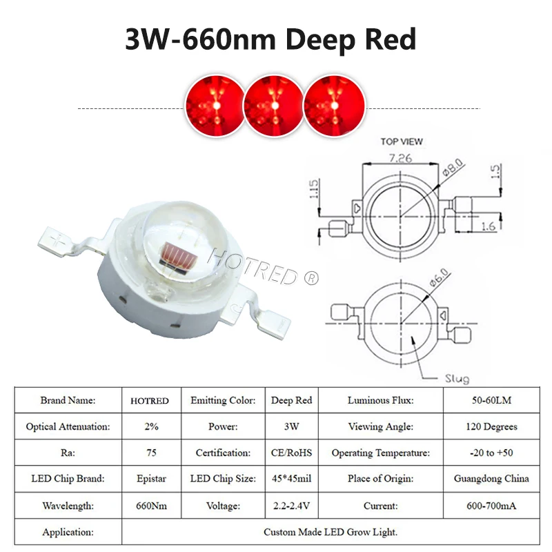 100pcs High Power LED Chip 3W Grow LED 660nm Deep Red SMD Diode COB DIY Grow Light For Plant Fruit Growth