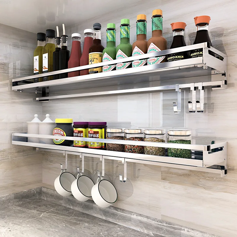 

304 Stainless Steel Kitchen Shelf Wall-mounted Drill-free Condiment Rack Space Save Kitchen Wall Hanging Punch Free Shelf