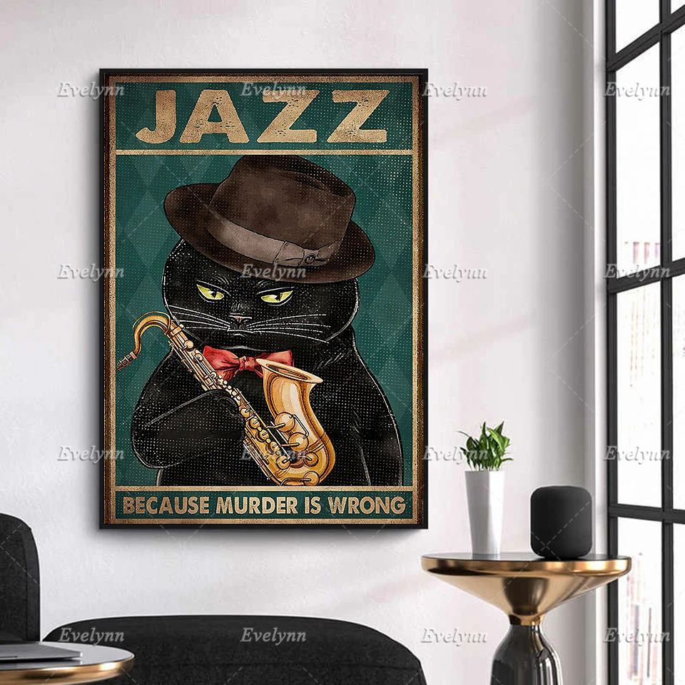 Jazz Retro Poster, Jazz Because Murder Is Wrong Poster, Black Cat Lover Home Decor,Black Cat Print Art,Funny Black Cat Canvas