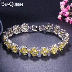 BeaQueen Beautiful Yellow Flower Connected Cubic Zircon Crystal Tennis Bracelet Silver Color Wedding Jewelry for Women B134