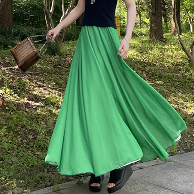 TIYIHAILEY Long Maxi A-Line Elastic Waist Women Double Layer Chiffon Green Big Hem Skirts With Belt 2024 New Fashion