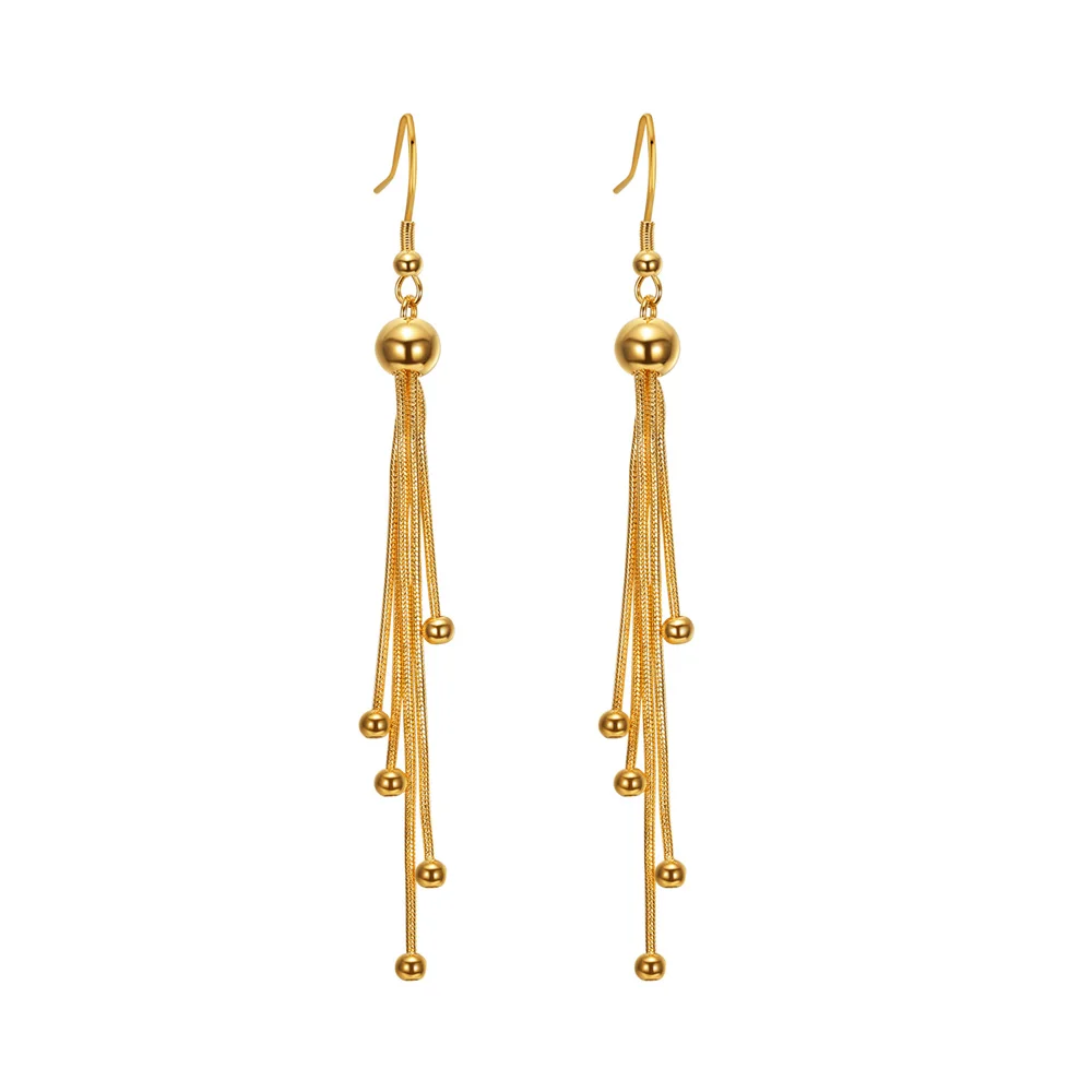 Vintage Gold Color Bar Long Thread Tassel Drop Earrings for Women Ball Geometric Korean Fashion Jewelry