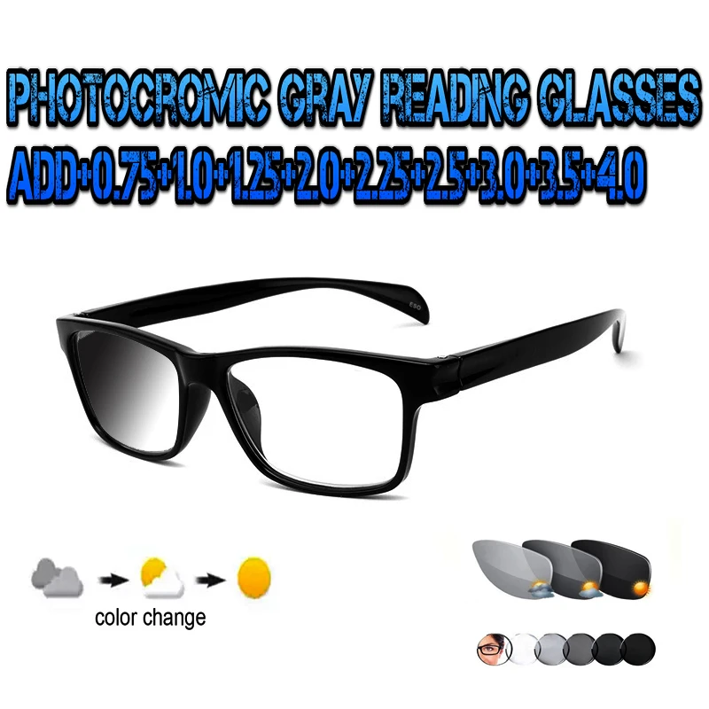 

Trend Photochromic Gray Reading Glasses Squared Ultralight High Quality Fashion Men Women+1.0 +1.5 +1.75 +2.0 +2.5 +3 +3.5 +4