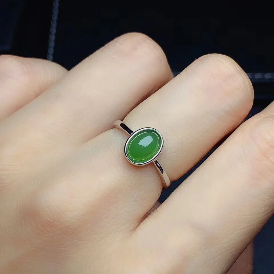 spinach green jade ring for women jewelry oval natural Hetian Jade real 925 silver  good color soft character girl date gift