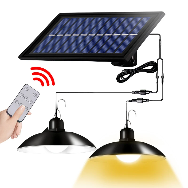 Powerful Double Head Solar Pendant Light Outdoor Indoor Solar Lamp With Remote Control Warm/White Light For Camping Garden Yard