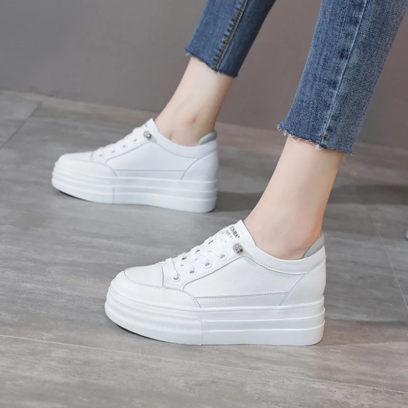 

Genuine Leather Flat Platform Shoes For Women Chunky Sneakers 2021 Spring Autumn Casual Lace up Female Hidden Heel White Shoes