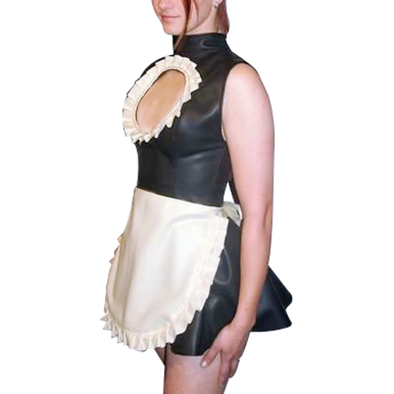 Sexy French Maid Latex Dress Apron Zippers Back Frills Open Front Sleeveless Rubber Uniform Bodycon Playsuit LYQ-0263