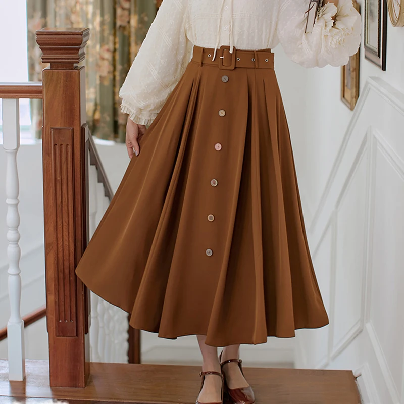 Streetwear Long Skirt Women High Waist Single breast Pleated Skirts WIth Belt Summer Autumn Maxi Skirt jupe femme