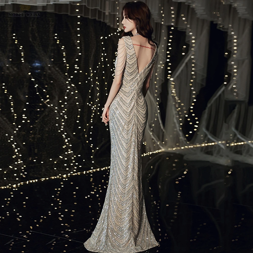 Prom Dress V-Neck Floor-Length Evening Dresses Beading Mermaid Sequin Party Dress Customized