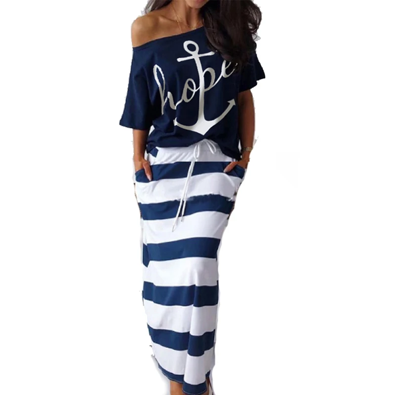 

Summer Plus Size Elegant Vacation Leisure Two-pieces Suit Sets Ladies Boat Anchor Print T-Shirt & Striped Maxi Skirt Sets BLUE