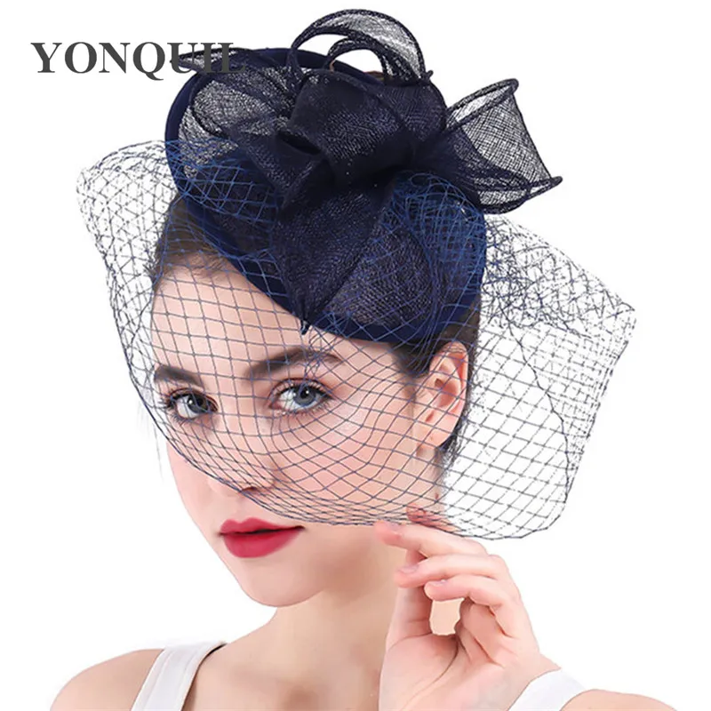 Elegant Bride Mesh Fascinators Veils Hats Headband Sinamay Cocktail Headwear Women Church Party Net Hair Accessories SYF293