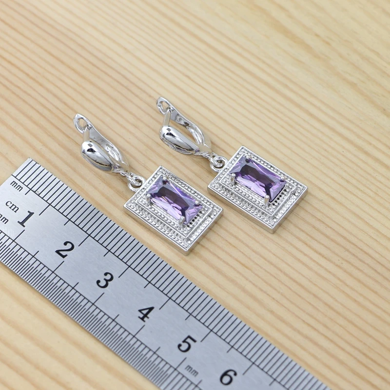 Silver 925 Wedding Jewelry Set for Woman Earrings Chain Pendant Open Ring Square Purple Cubic Zirconia Jewelry Kit