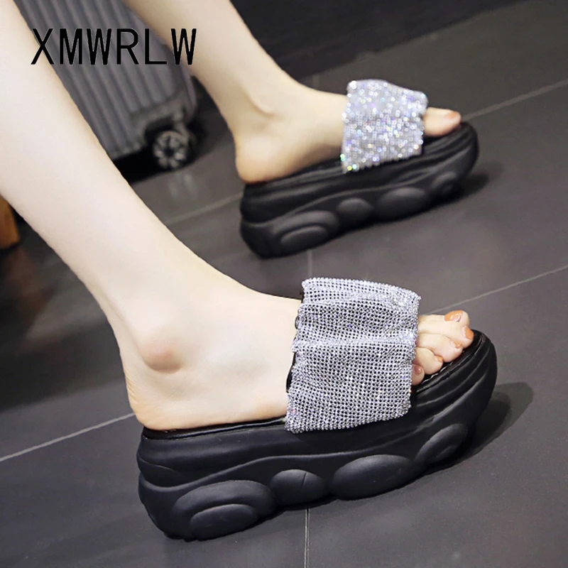 

XMWRLW Women's Slippers 2021 Summer Fashion Rhinestone High Heels Slippers For Women Summer Shoes Female Beach Shoes Slipper