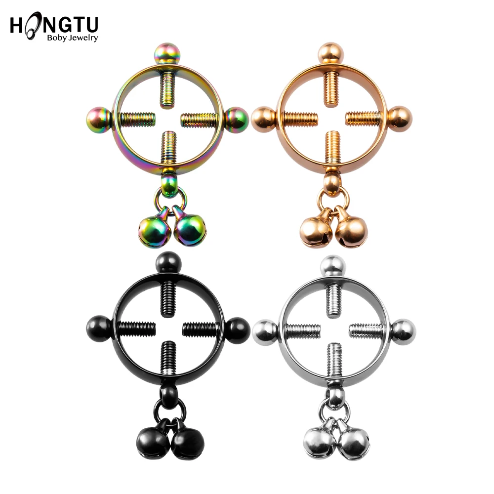 2PC Screw Bell Pendant Fake Nipple Ring Women Stainless Steel Fashion Piercing Jewelry Body Jewelry Round Nipple Piercings Bar