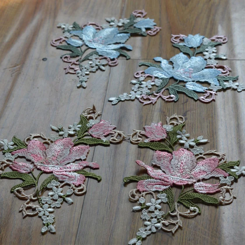 (1Pair/Lot)12cm*18cm Big Pink~Blue Flower Green Leaf Wedding Bridal Embroidery High quality Sewing Lace Applique2020411