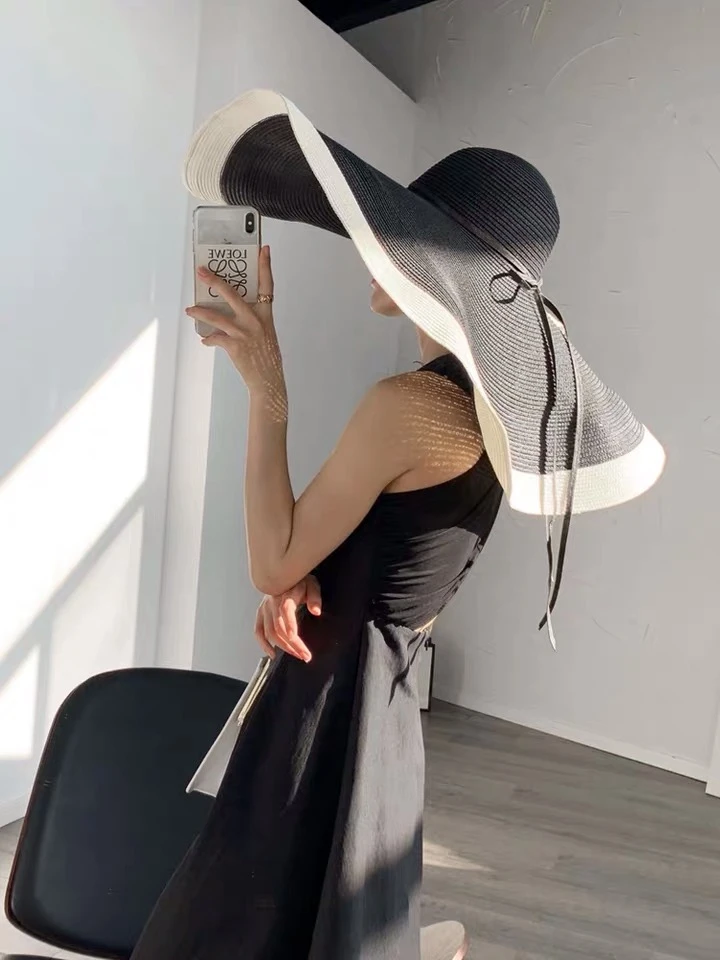 Women Vintage Black White Wide Brim 20CM Straw Hat Elegant Flat Floppy Derby Hat Foldable Straw Cap Cover Oversized Collapsible