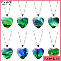 FIMAODZ Green Northern Lights Necklace Aurora Borealis Scenery Picture Glass Crystal Pendant Handmade Chain Jewelry Souvenirs