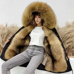 HANZANGL Women Fur Coat 2022 Winter New Style Overcoming Coat Mid-length Detachable Raccoon Fur Liner Parkas 10 color M-7XL