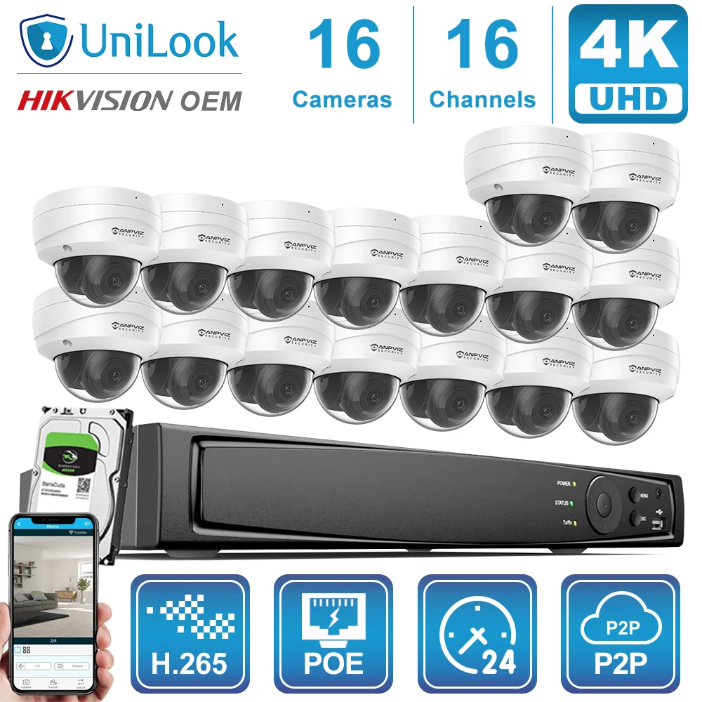 

Unilook OEM 16CH система безопасности H.265 + NVR с 4K Наружная CCTV камера NVR Комплект IP67 комплект видеонаблюдения двусторонний аудио