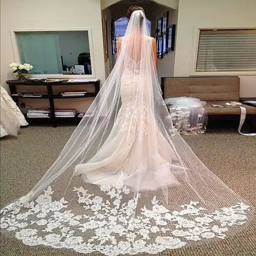 Euro Type White Ivory Lace Cathedral Chapel Veil With Comb Long Wedding Veil For Bride