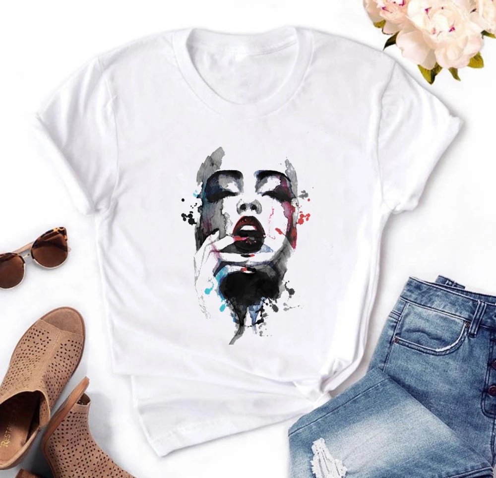 

Newest Women t shirt Short Sleeve O-Neck Casual t-shirts Abstract Portrait Print Tee Top Hipster Tumblr tshirts