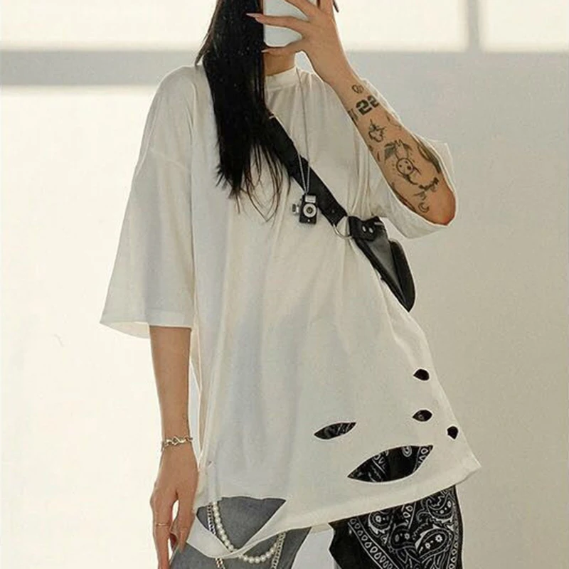 Cotton Hem Ripped Hole Short Sleeve Women T Shirt Cool Stuff Summer Hip Hop Oversized Punk Harajuku Streetwear Clothes Top White