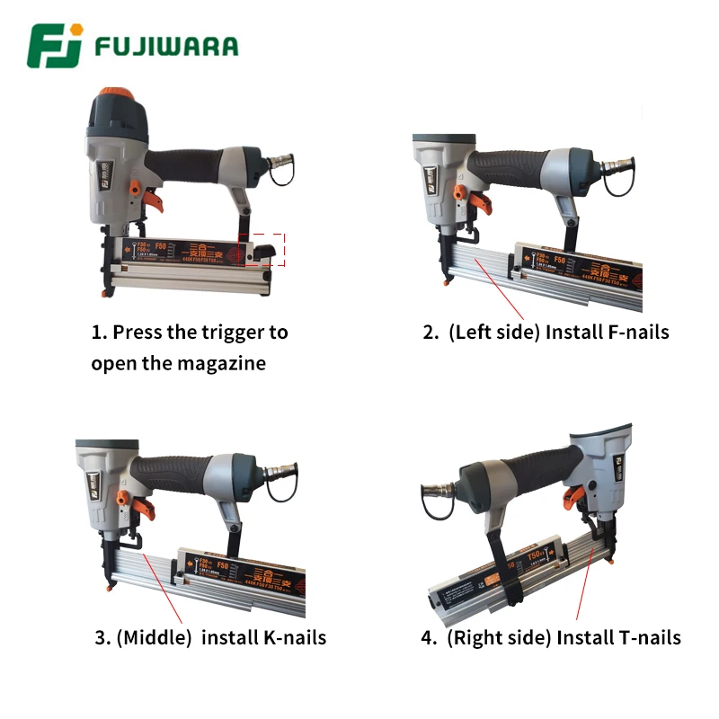 Imagem -05 - Fujiwara Novo 3-em Pistola de Prego Pneumática Carpintaria Nailer Grampeador Air Pregando Ferramenta F15-f50 T20-t50 1340 mm em Forma de u Prego