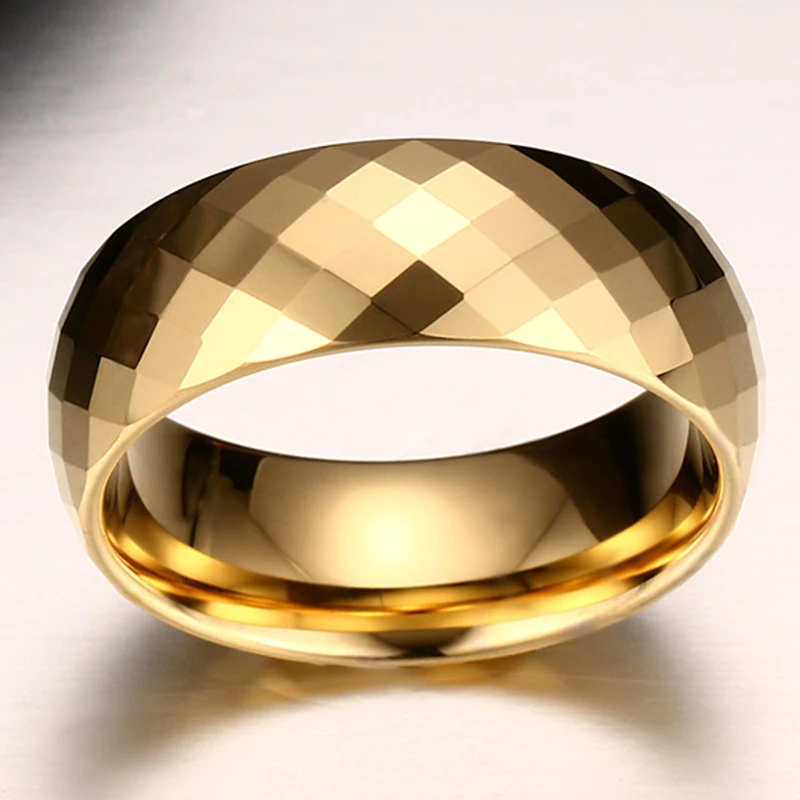 High Quality Fashion 8mm Tungsten Mens Ring Rhombus Cut Bands Gold Color Rings for Men Wedding Engagement Jewelry Accessories