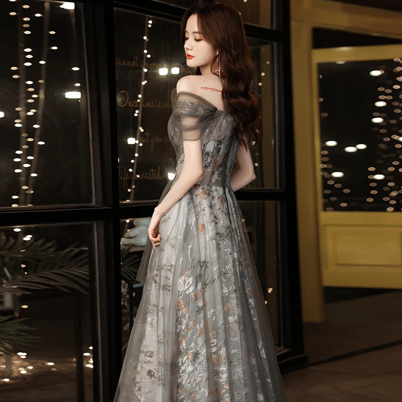 Evening Dress Boat Neck Elegant Appliques Sequins Short Sleeves Ruched Floor-Length New Lace Up Woman Formal Party Gowns A794