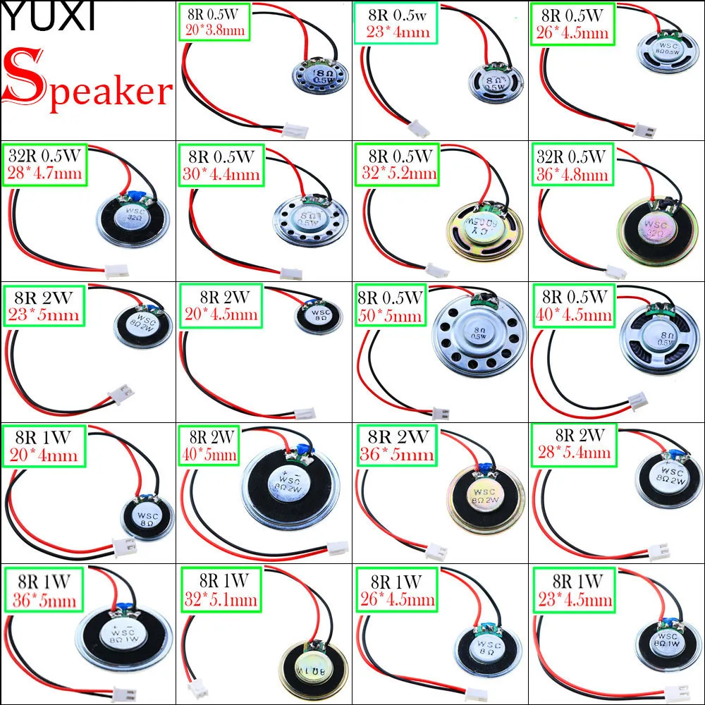 

Hot sale 8R 32Ohms 0.5W 1W 2Watt Ultra-thin Speaker Diameter 20 23 26 28 30 32 36 40 50MM With Terminal Wire 1.25mm Length 14CM