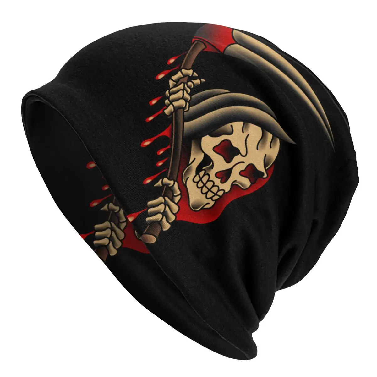 American Traditional Grim Reaper Bonnet Hat Knit Hat Skullies Beanies Hat Halloween Horror Skeleton Warm Thermal Elastic Cap