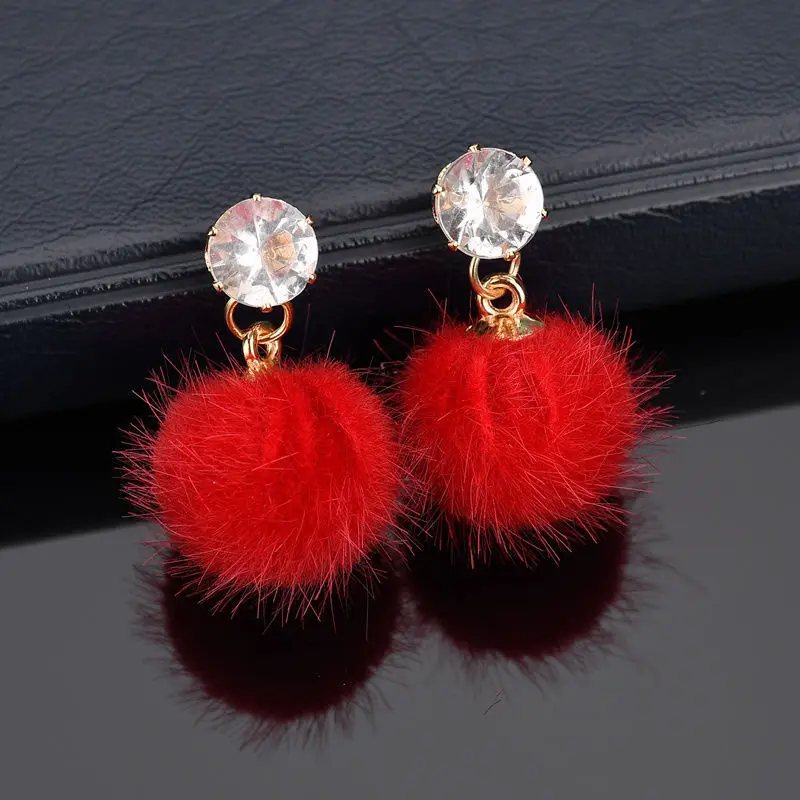 Korean Sweet Hair Ball Dangle Earring For Women Jewelry Pink Red Crystal Female Personality Simple Pink Plush Fur Brincos Gift