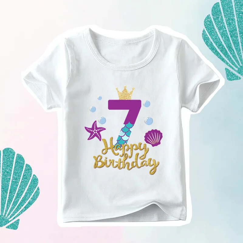 Cute Mermaid Princess Happy Birthday Girls T shirt 1 2 3 4 5 6 7 8 9 Years Kids Clothes Party Children T-shirt Baby Tops,HKP2614