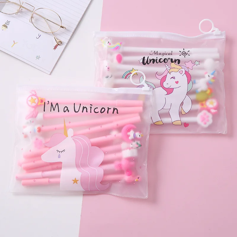 10 unids/set lindo bolígrafo de Gel Kawaii patrón aleatorio unicornio Pony 0,5 m bolígrafo de tinta de Gel negro papelería escolar proveedores de oficina regalos