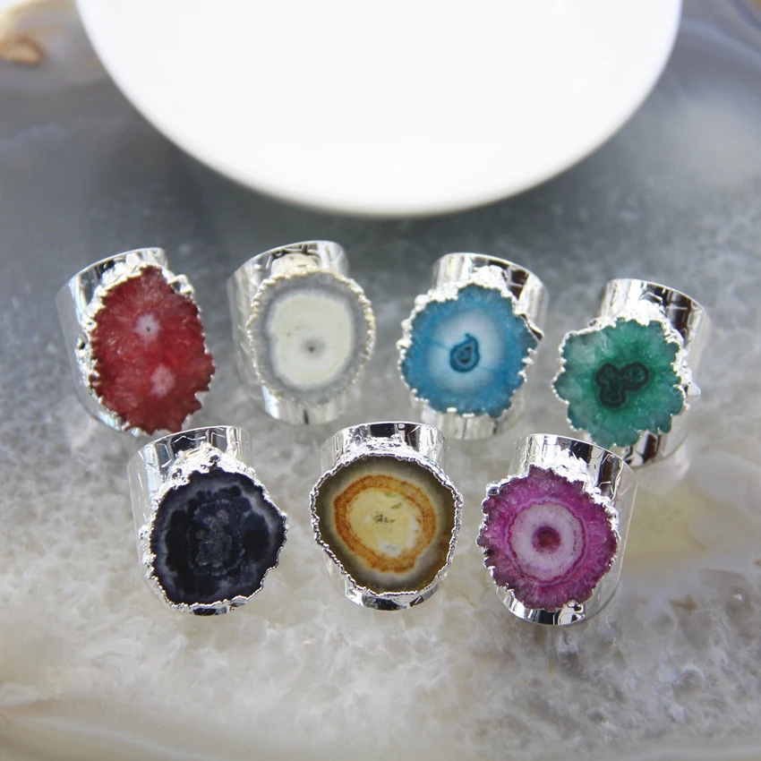 7 Colors Sun Flower Adjustable Silvery Ring,Natural Geode Druzy Healing Quartz Finger Rings Charms Jewelry Gift For Women