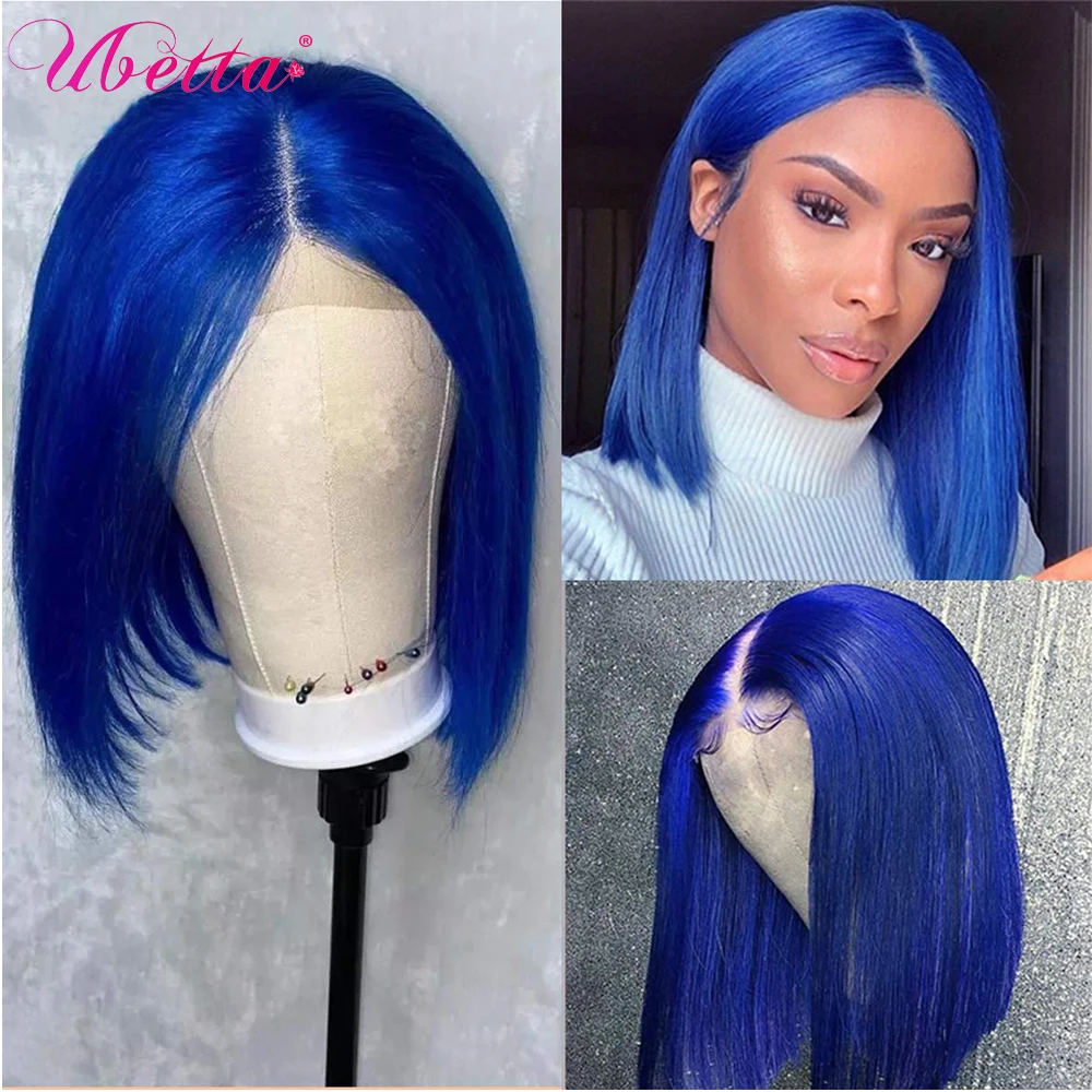 

Colored Bob Lace Front Wigs 13x4x1 T Part Lace Blue Bob Wig Human Hair Pre Plucked Short Cut 180 Density Bleached Knots Ubetta