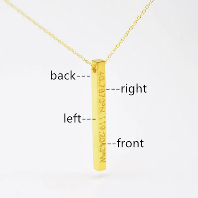 2020 New Trend  3D Vertical Bar pendent Engraving Custom four sides Squar 3D Bar Personalized necklace Memorial Jewelry