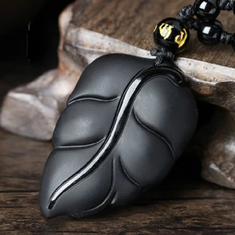 Natural Obsidian Successful career Jade Pendant Jewelry Lucky Auspicious Leaf Necklace Pendant Fine Jade Jewelry