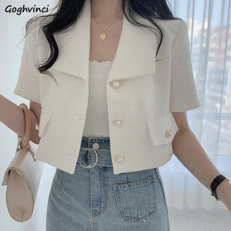 Blazer Women Single-breasted Lapel Short-sleeve Vintage Simple Elegant Office Lady Korean Style High-quality Trendy Slim Outwear