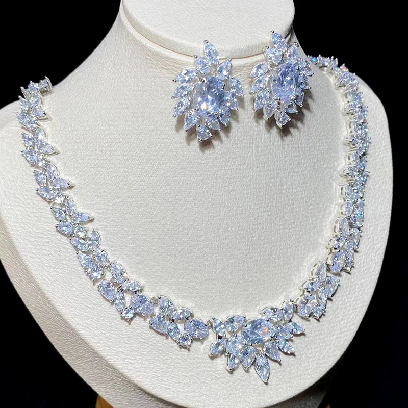 Luxury Bridal Jewelry Set Gorgeous Water Drop Cubic Zirconia Ladies Party Wedding Necklace And Earrings X-0010