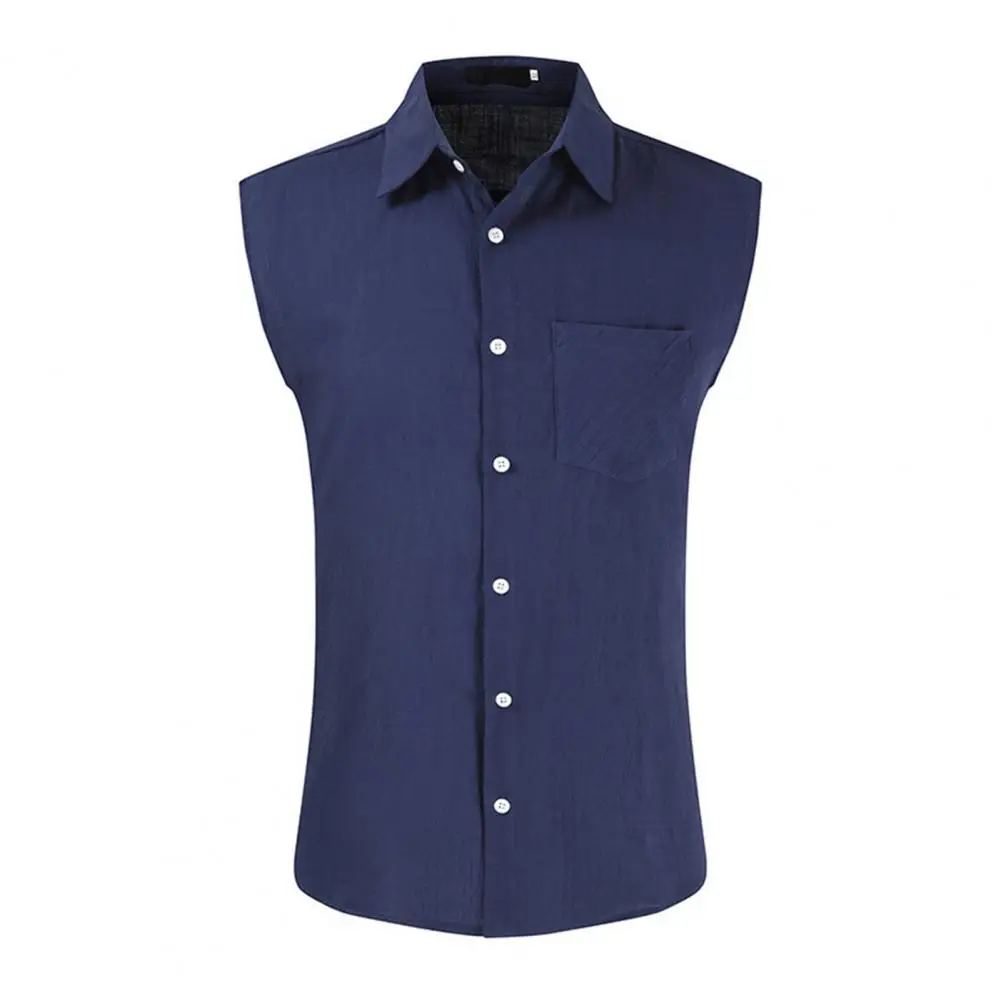 Men Shirt Single-Breasted Solid Color Summer Sleeveless Lapel Top قمصان وبلوزات