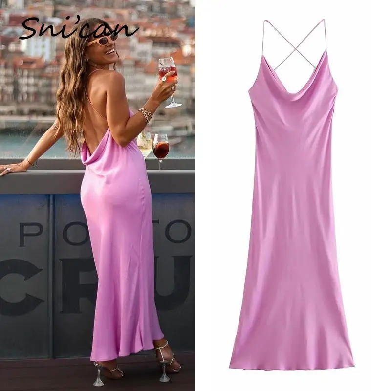 Pink Backless Sexy Dress Za 2021 Women Swing Collar Bandage Spaghetti Strap Party Club Midi Satin Dresses Robe Sukienka Letnia